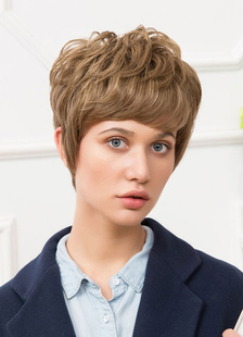 Perruques de cheveux humains en couches des perruques Tan bouclés court féminin avec frange lourde