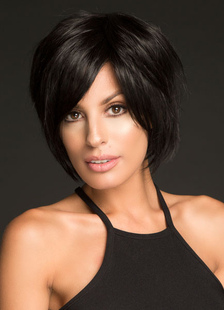 Perruques noires courtes droites féminin côté séparation en couches synthétiques de cheveux