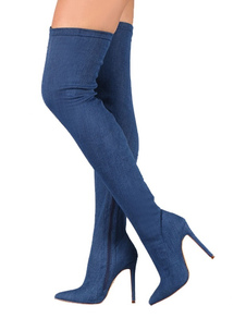 Élastique bleu bottes talon haut féminin sur le genou Poined Thigh High Boots