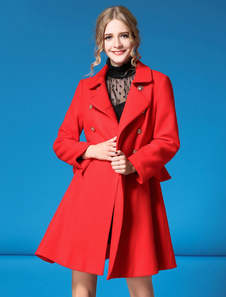 Peplum Double Breasted genou longueur Flare robe manteau des femmes manteau de laine rouge
