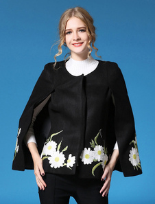 Laine Cape manteau fleur féminin noir brodé autour de cou court Poncho Cape manteau