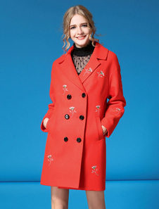 Fleurs de Double Breasted laine rouge Peacoat féminin manteau brodé Cocoon