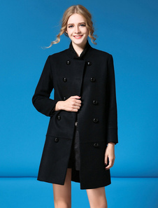 Double Breasted manches longues au genou longueur veste et manteau noir Caban femmes