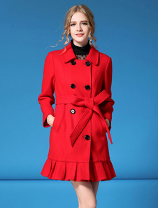 Bas de laine rouge manteau féminin Double Breasted Flare ceinturé Peacoat