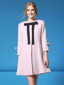 Manteau rose féminin manches longues Ribbon Bow brassard fente ronde cou Fit veste et manteau