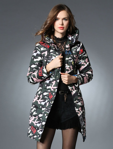 Camo manteau matelassé à capuchon manches longues imprimé Zip Up manteau d’hiver pour femmes
