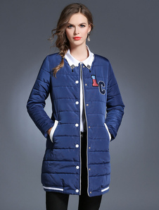 Bleu manteau matelassé col rond Puffer manteau femme et manteau pour l’hiver