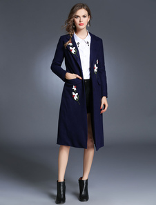 Fleur pêche à la palangre laine manteau féminin brodé manteau d’hiver bleu foncé