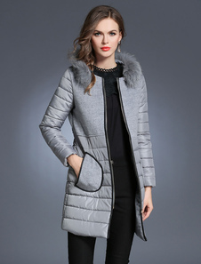 Manteau d’hiver gris clair des femmes ronde cou manches longues Slim Fit matelassé Coat