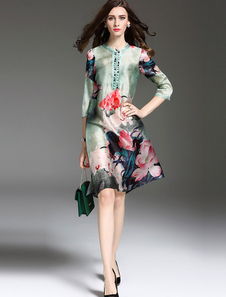 Shift robe Green des femmes Floral imprimé Slim Fit robe de longueur 3/4 manches