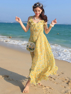 Boho Maxi robe en mousseline de soie jaune imprimé Strappy V Neck volants sans manches robe longue p