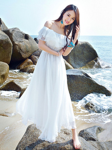 Robe en mousseline de soie blanche volant au large de l’épaule sans manches longue robe