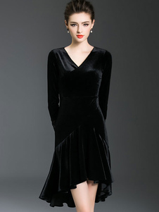 Skater noir velours V cou manches longues volants haut bas évasé robe