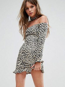 Robe Bodycon sexy Leopard soie hors de l’épaule manches longues volants Slim Fit robe courte