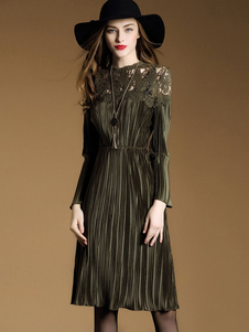 Skater robe velours Atrovirens femmes autour de cou manches longues plissé robe évasé