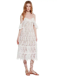 Robe longue blanche dentelle chasuble sans manches coupe Slim Fit robe pour femmes