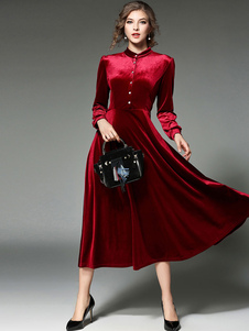 Bourgogne robe Maxi Stand collier robe longue manches longues plissé