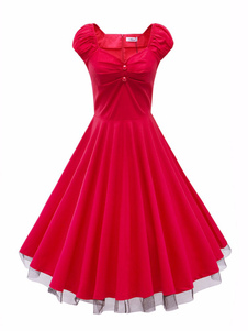Robe Vintage rouge Sweetheart décolleté Cap courte manche plissé robe patineuse