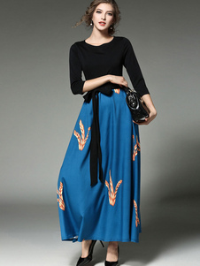 Robe Maxi deux tons 3/4 longueur manches femmes imprimé robe longue avec ceinture