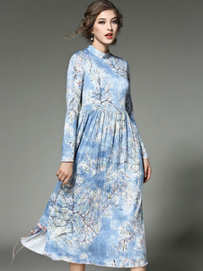 Bleu de ciel clair féminin Maxi robe imprimée robe longue plissée à manches longues col de Stand