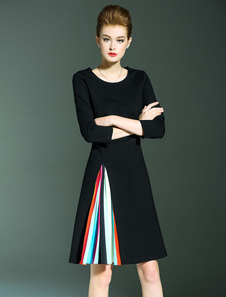 Décaler les femmes robe noire de Patchwork multicolore col plissé genou longueur robe