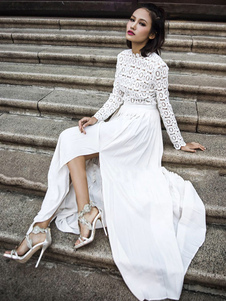 Mousseline de soie robe longue blanche ronde cou manches longues découpe fente étage longueur robe M