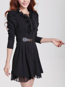 Collier orné Juliette Long Manche patineuse noire robe féminine plissé robe évasé