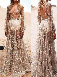 Sexy robe Maxi Tulle abricot V cou manches longues pure parole longueur robe de soirée illusion