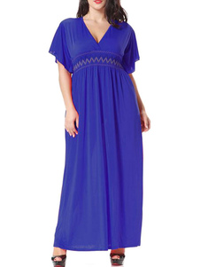 Boho Maxi robe bleu V cou manches courtes brodé robe longue plissée