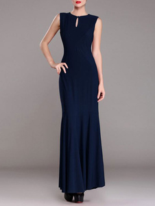 Robe Maxi foncé col rond marine sans manches dentelle femmes robe longue