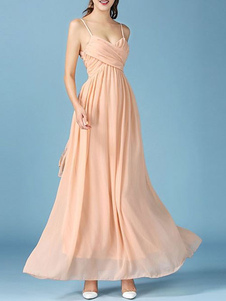 Mousseline de soie Maxi robe abricot Croix sans manche chasuble Front plissé robe longue