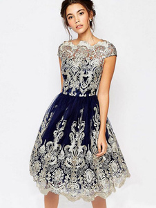 Skater robe Vintage Lace bleu Illusion encolure manches courtes Slim Fit des femmes Flare robe