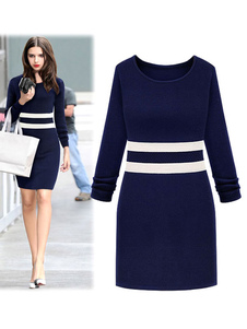 Blue Shift robe manches longues rayé col rond genou longueur robe de taille de la femme