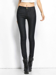 Black Denim Jeans fermeture à glissière mouche jambe maigre hiver pantalons pour femmes