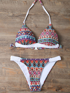 Boho Bikini maillot de bain multicolore imprimé Halter sans manches Bikini maillot de bain dans l’en