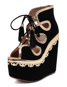 Peep Toe plate-forme Lace de Wedge noir sandales Up découpe cales avec fermeture à glissière