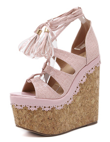 Wedge rose sandales femmes plateforme lacets cheville sangle coins avec des glands