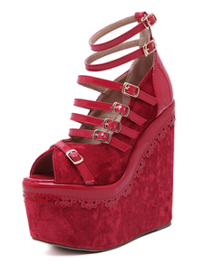 Coin rouge sandales plate-forme Peep Toe bouclée cales de bracelet de cheville pour les femmes