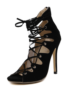 Peep Toe robe sandales à talons hauts Lace Up chaussures d’été en noir