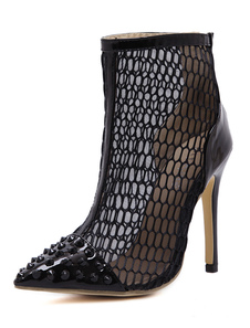 Sandales noires bottes talon haut a souligné Toe Rivet Mesh chaussures d’été