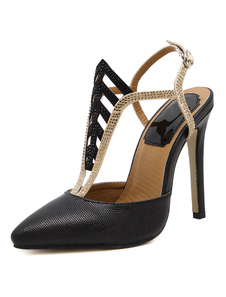 Slingback Stiletto talon chaussures de perles strass bout pointu talons hauts noir