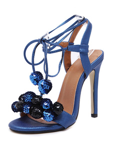 Robe bleue sandales sangle cheville bout ouvert talon aiguille pailletés Poms Pom chaussures d’été p
