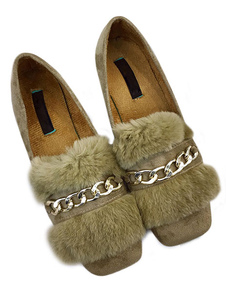 Daim vert pompes orteil carré Chunky talon féminin des détails en métal fausse fourrure glisser sur 