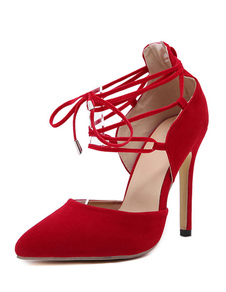 Talons hauts rouge Stiletto Suede pompes chaussures bout pointu lacets chaussures pour femmes