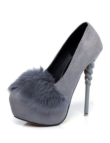 Suede plate-forme chaussures talon aiguille fausse fourrure pompes femmes rondes Toe Slip sur talons