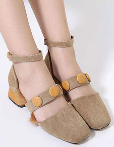 Daim noir pompes chaussures cheville bracelet fourrure milieu chaussures Vintage Chunky talon carré 