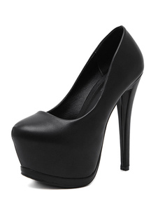 Plateforme noir chaussures talon aiguille glisser sur rondes Toe PU cuir talons des pompes Chaussure