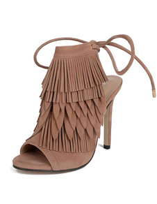 Frange brun Sandals Slingback robe sandales Peep Toe Stiletto Bohème chaussures à talons hauts pour 