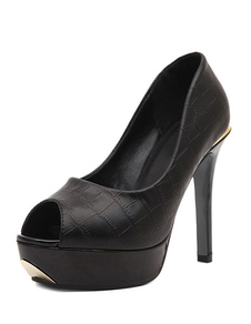 Peep Toe pompes noir talons Stiletto plate-forme feuillet sur les chaussures en Crocodile Pattern po