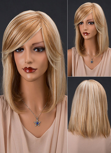 Tout droit humain cheveux perruques côté balayée Bangs couches perruques féminines du bronzage léger